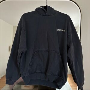MadHappy dark blue hoodie with white stitching on hood